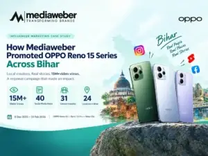 Mediaweber influencer marketing case study for OPPO Reno 15 Series campaign across Bihar with 13M+ video views