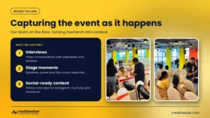 Quad AI event content capture: the team covering interviews, stage moments and social-ready photos and clips at Welcome Batch 2025