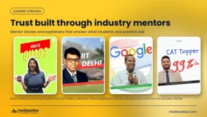 Quad AI content strategy: brand explainer, IIT Delhi, Google and CAT topper mentor and alumni social media creatives