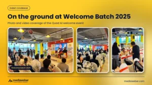 Photo collage from Quad AI Welcome Batch 2025 showing the stage, a seated audience and the video crew covering the event